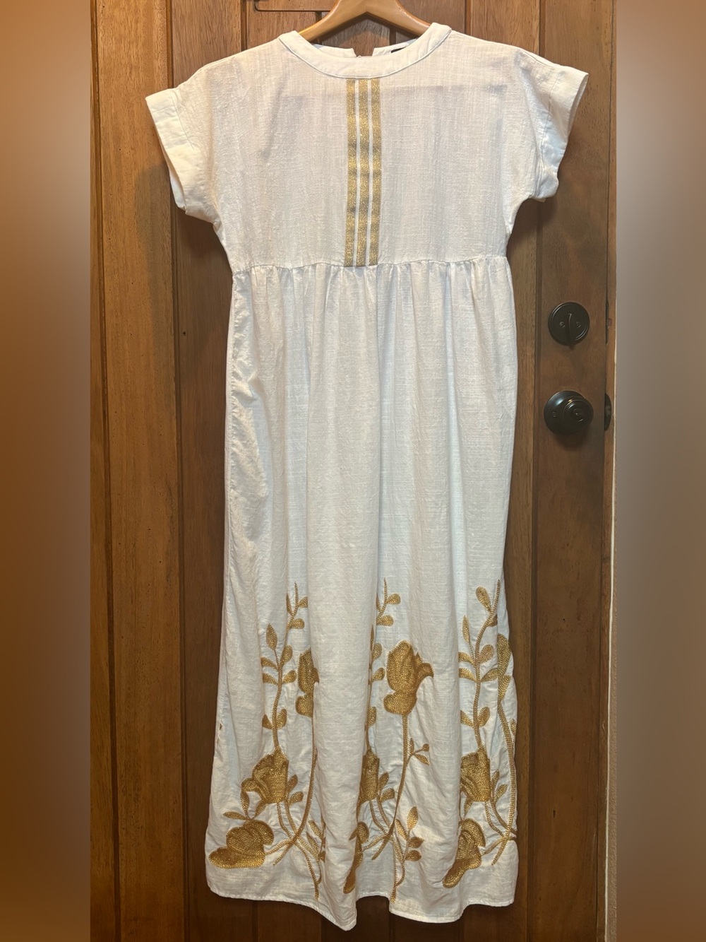 Beautiful White Maxi Dress with Gold Floral Embroidery